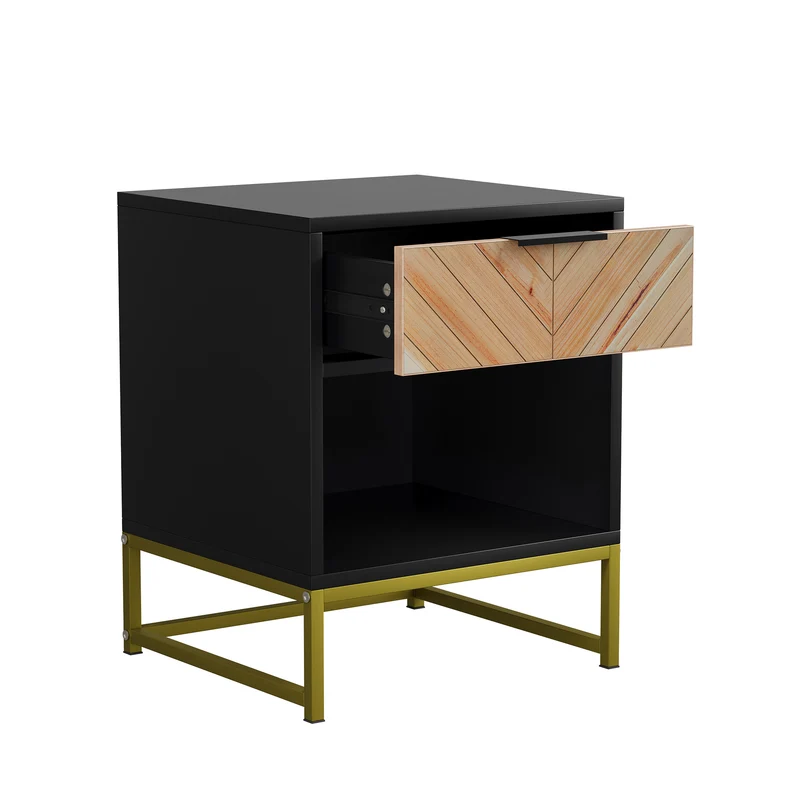 Table de chevet noir avec tiroir en bois à chevrons et pieds métalliques dorés FOCUSE
