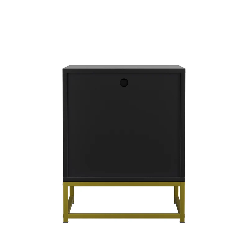 Table de chevet noir avec tiroir en bois à chevrons et pieds métalliques dorés FOCUSE