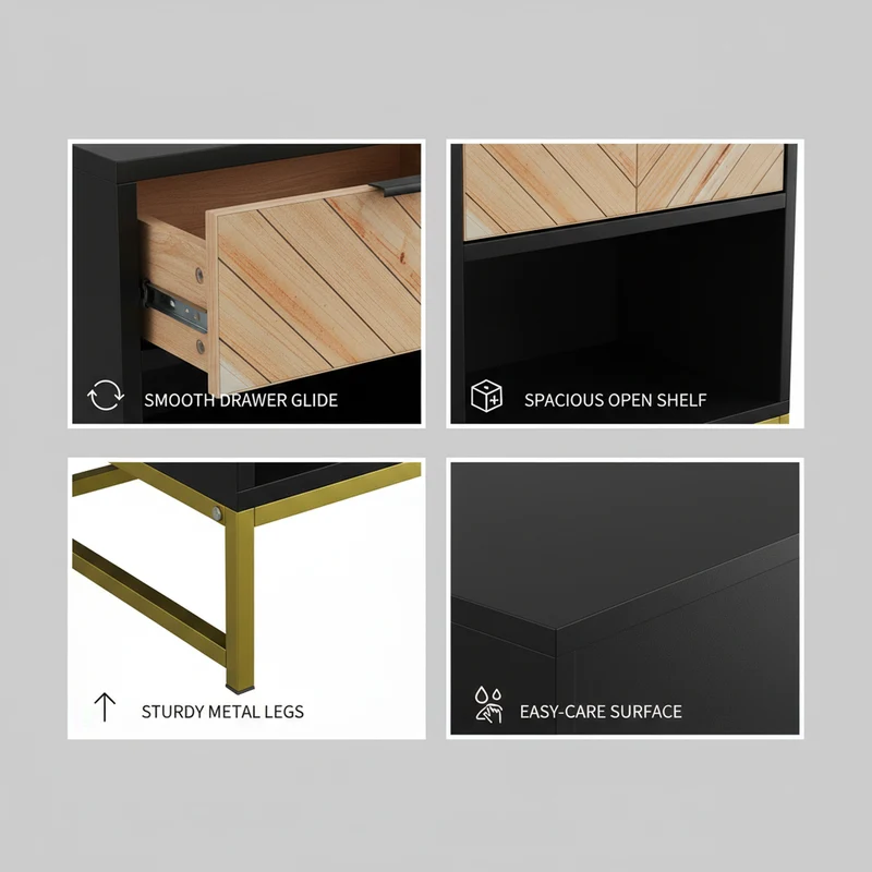 Table de chevet noir avec tiroir en bois à chevrons et pieds métalliques dorés FOCUSE