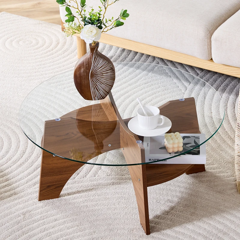 Table basse ronde en verre trempé pieds effet bois noyer Ø80 cm CLARITYEN