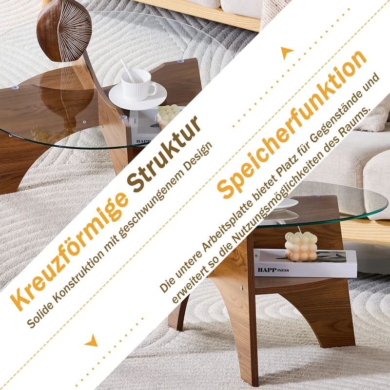 Table basse ronde en verre trempé pieds effet bois noyer Ø80 cm CLARITYEN