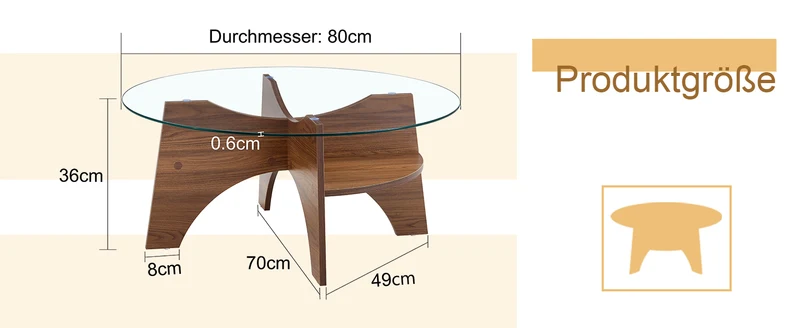 Table basse ronde en verre trempé pieds effet bois noyer Ø80 cm CLARITYEN