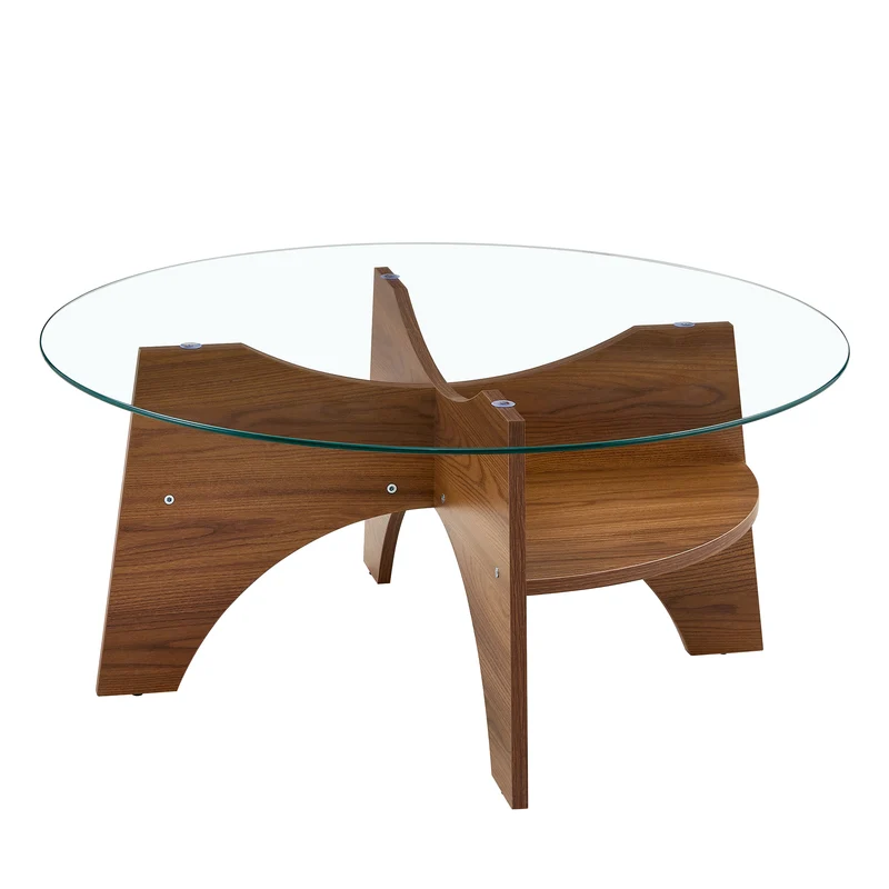 Table basse ronde en verre trempé pieds effet bois noyer Ø80 cm CLARITYEN