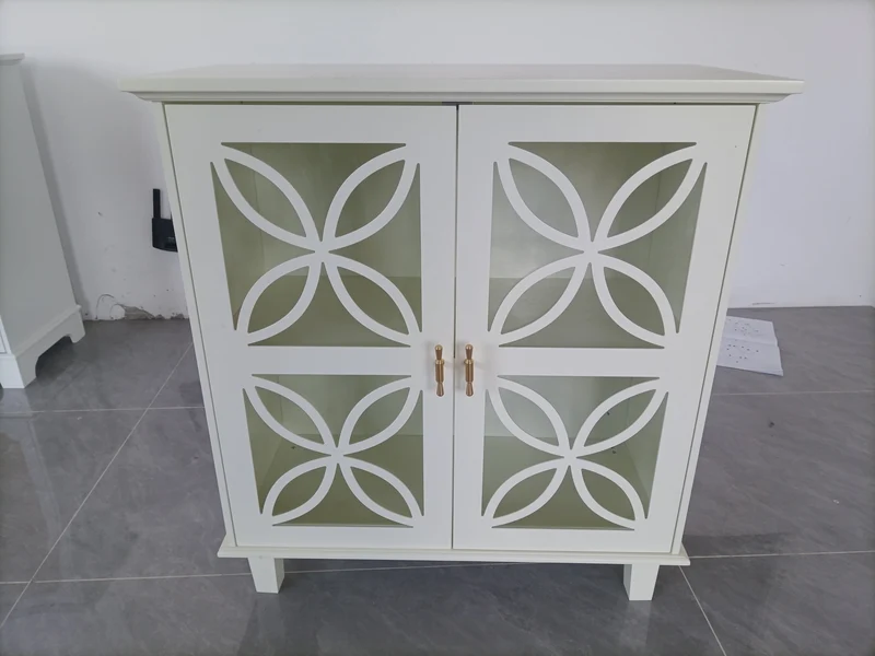 Buffet blanc crème 2 portes vitrées verre trempé à motifs tréfilés 80x38x87cm OBSIDIANORA