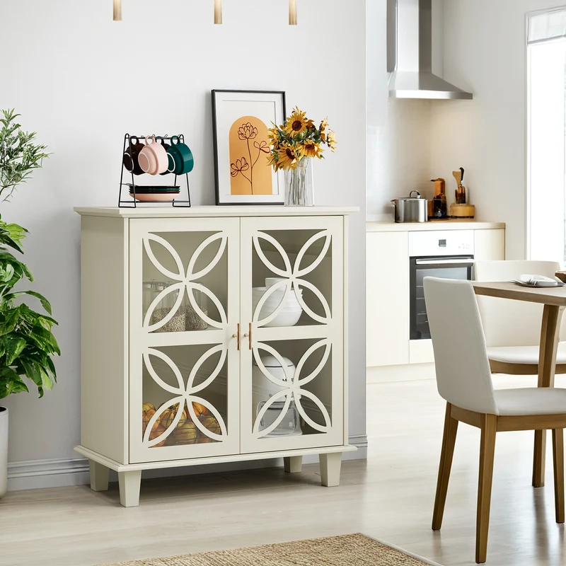 Buffet blanc crème 2 portes vitrées verre trempé à motifs tréfilés 80x38x87cm OBSIDIANORA