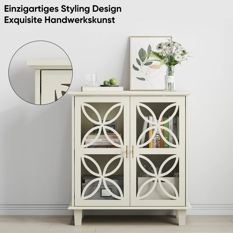 Buffet blanc crème 2 portes vitrées verre trempé à motifs tréfilés 80x38x87cm OBSIDIANORA