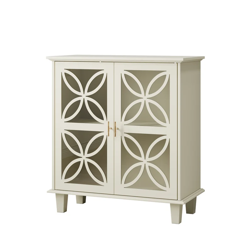 Buffet blanc crème 2 portes vitrées verre trempé à motifs tréfilés 80x38x87cm OBSIDIANORA