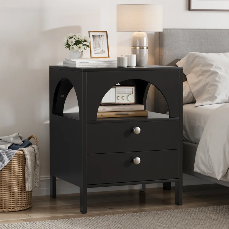Table de chevet noir arqué niche et 2 tiroirs 45x40x58cm BREEZEE