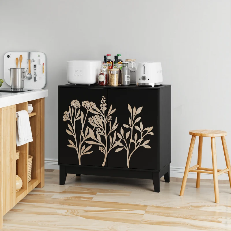 Buffet noir style champêtre à 2 porte avec motifs floraux gaufrés ELYSIUMLON