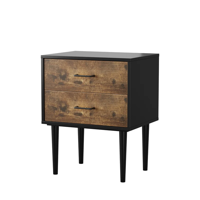 Table de chevet rétro noir et effet bois 2 tiroirs industrielle 51x38x66cm NOBLELSE