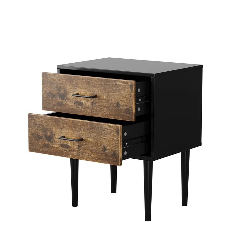 Table de chevet rétro noir et effet bois 2 tiroirs industrielle 51x38x66cm NOBLELSE