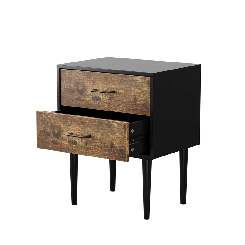 Table de chevet rétro noir et effet bois 2 tiroirs industrielle 51x38x66cm NOBLELSE
