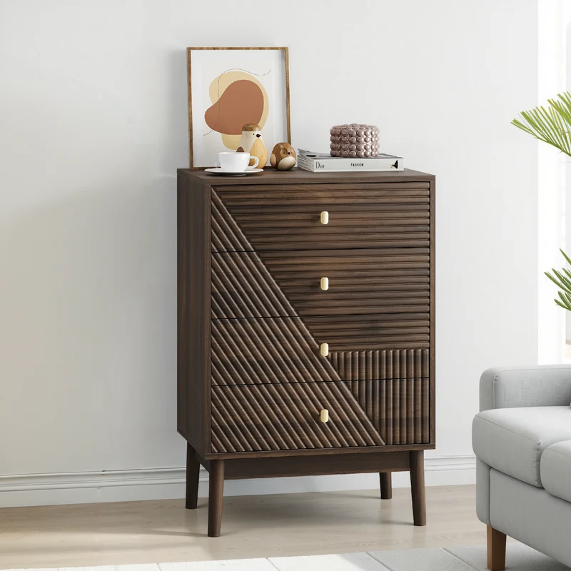 Commode scandinave 4 tiroirs effet bois noyer 4 tiroirs sculptées et pieds évasés 60x40x90cm NOBLEESIA