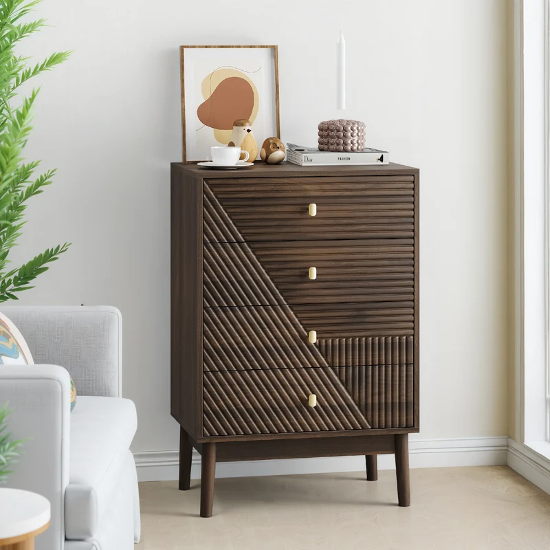 Commode scandinave 4 tiroirs effet bois noyer 4 tiroirs sculptées et pieds évasés 60x40x90cm NOBLEESIA