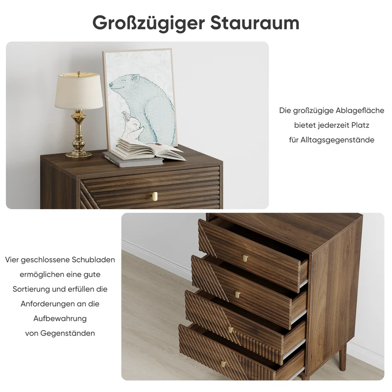 Commode scandinave 4 tiroirs effet bois noyer 4 tiroirs sculptées et pieds évasés 60x40x90cm NOBLEESIA