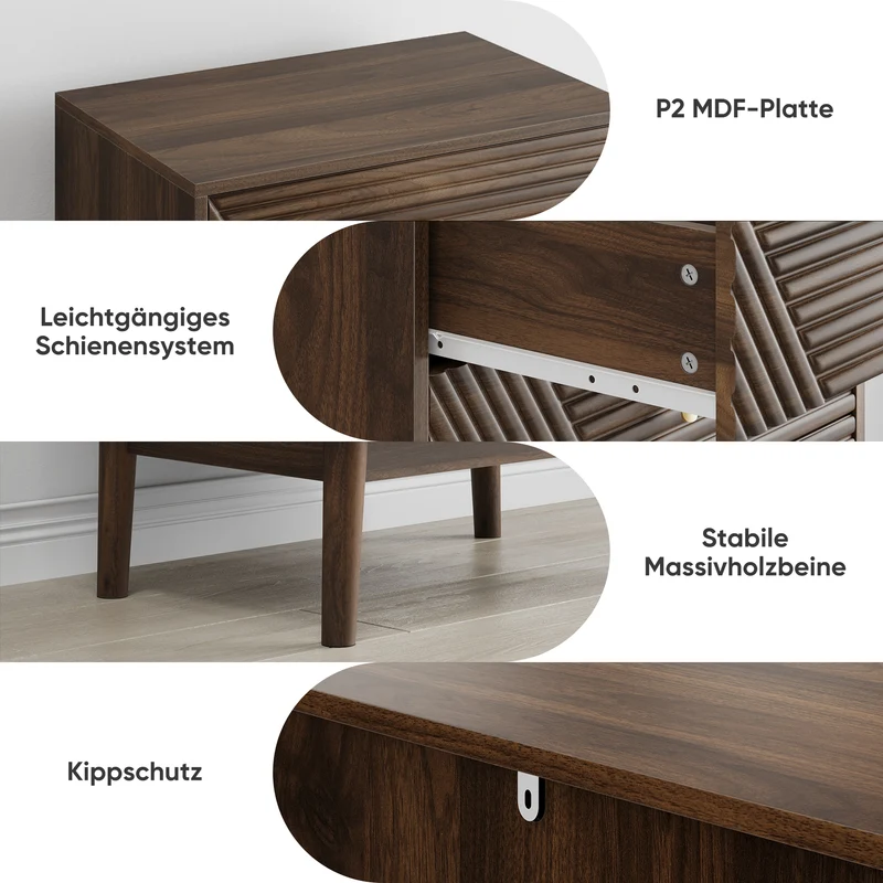 Commode scandinave 4 tiroirs effet bois noyer 4 tiroirs sculptées et pieds évasés 60x40x90cm NOBLEESIA