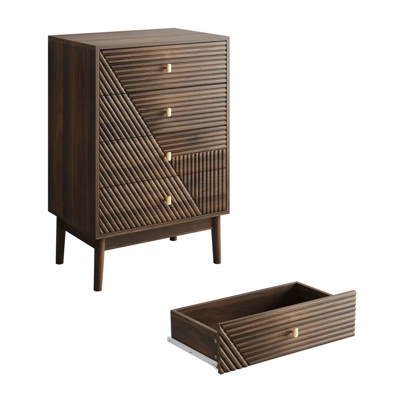 Commode scandinave 4 tiroirs effet bois noyer 4 tiroirs sculptées et pieds évasés 60x40x90cm NOBLEESIA