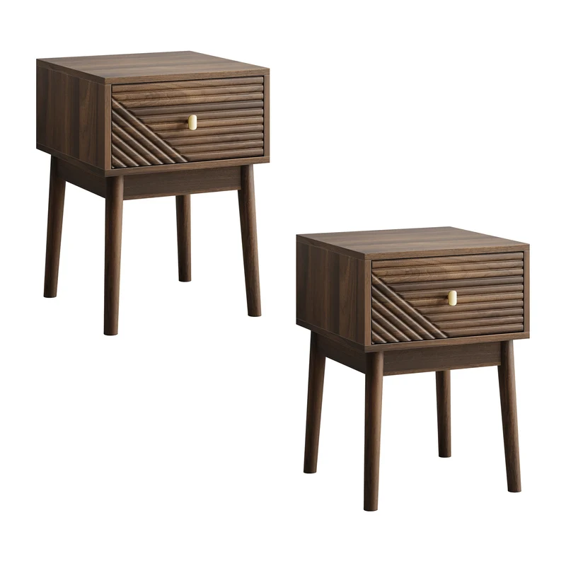 Lot de 2 tables de chevet effet noyer clair poignées métalliques dorés 40x40x55cm BREEZELAL