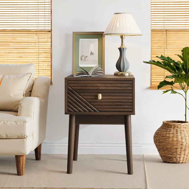 Lot de 2 tables de chevet effet noyer clair poignées métalliques dorés 40x40x55cm BREEZELAL
