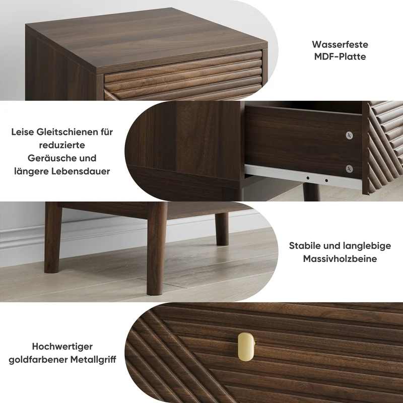 Lot de 2 tables de chevet effet noyer clair poignées métalliques dorés 40x40x55cm BREEZELAL