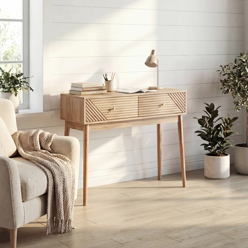 Console élégant effet chêne avec tiroirs 100x35x80cm QUANTALST