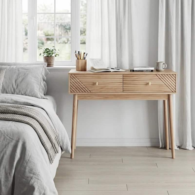 Console élégant effet chêne avec tiroirs 100x35x80cm QUANTALST