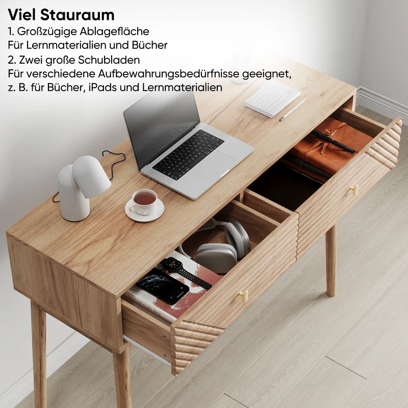 Console élégant effet chêne avec tiroirs 100x35x80cm QUANTALST