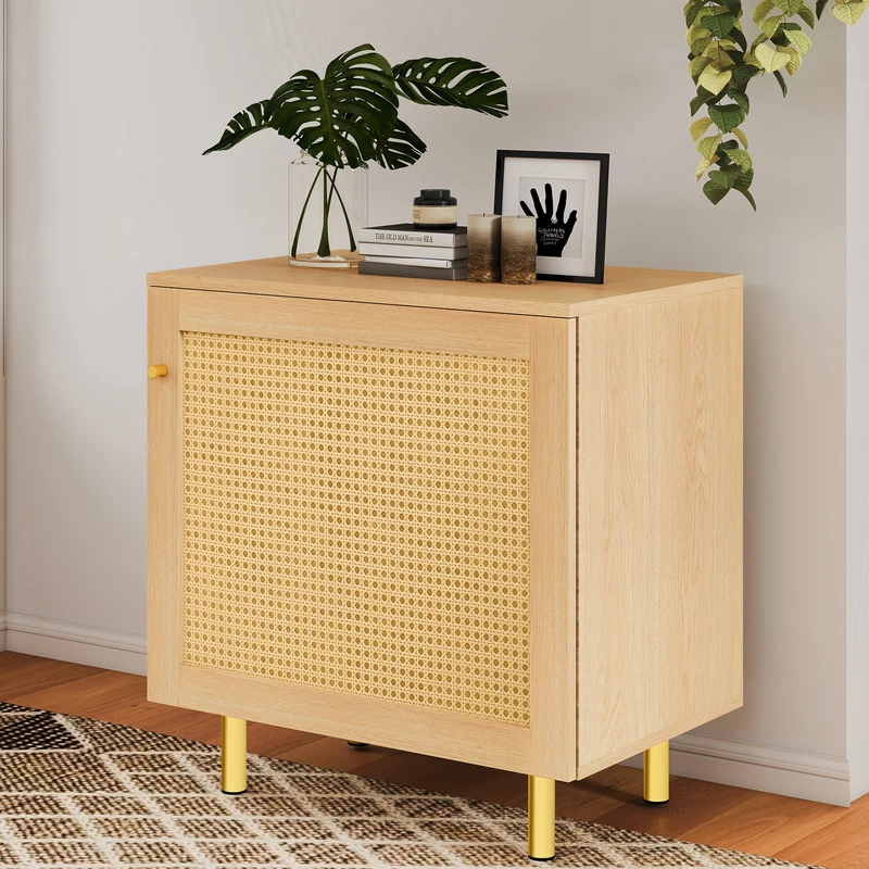 Buffet bas effet bois en rotin tressé 1 porte, 60x40x63 cm HALOITE