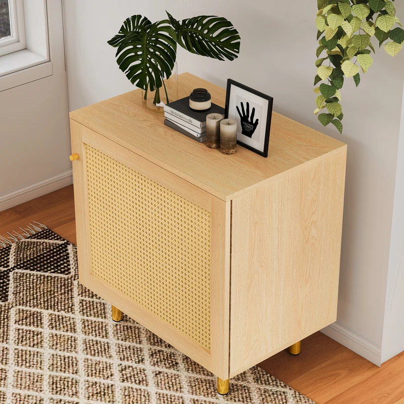 Buffet bas effet bois en rotin tressé 1 porte, 60x40x63 cm HALOITE