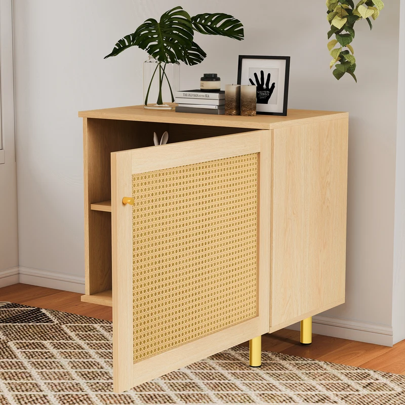 Buffet bas effet bois en rotin tressé 1 porte, 60x40x63 cm HALOITE