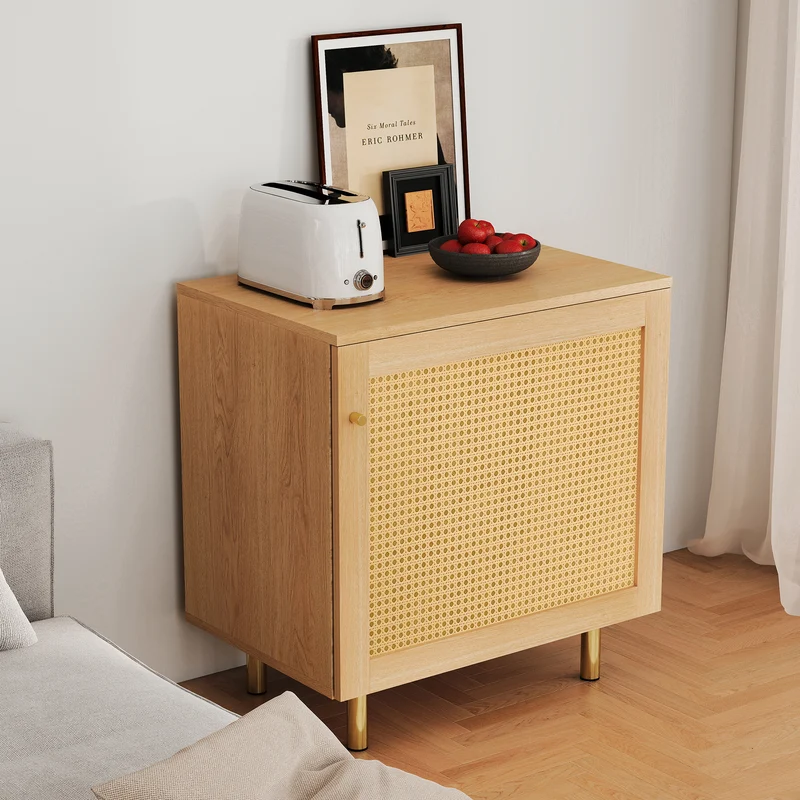 Buffet bas effet bois en rotin tressé 1 porte, 60x40x63 cm HALOITE