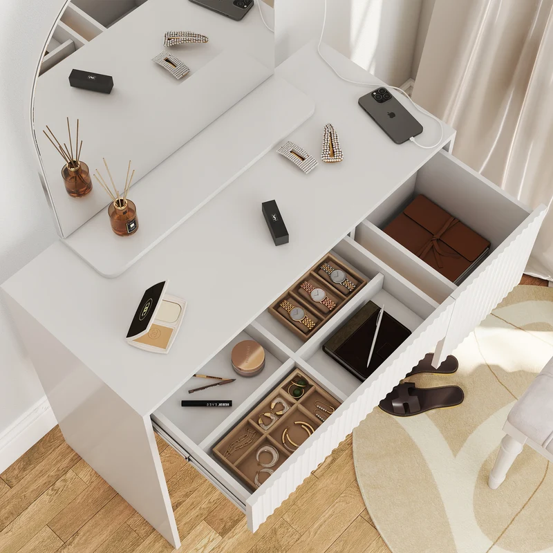 Coiffeuse avec miroir table de maquillage blanche moderne 90x40x135cm sans tabouret ELEMENTIS
