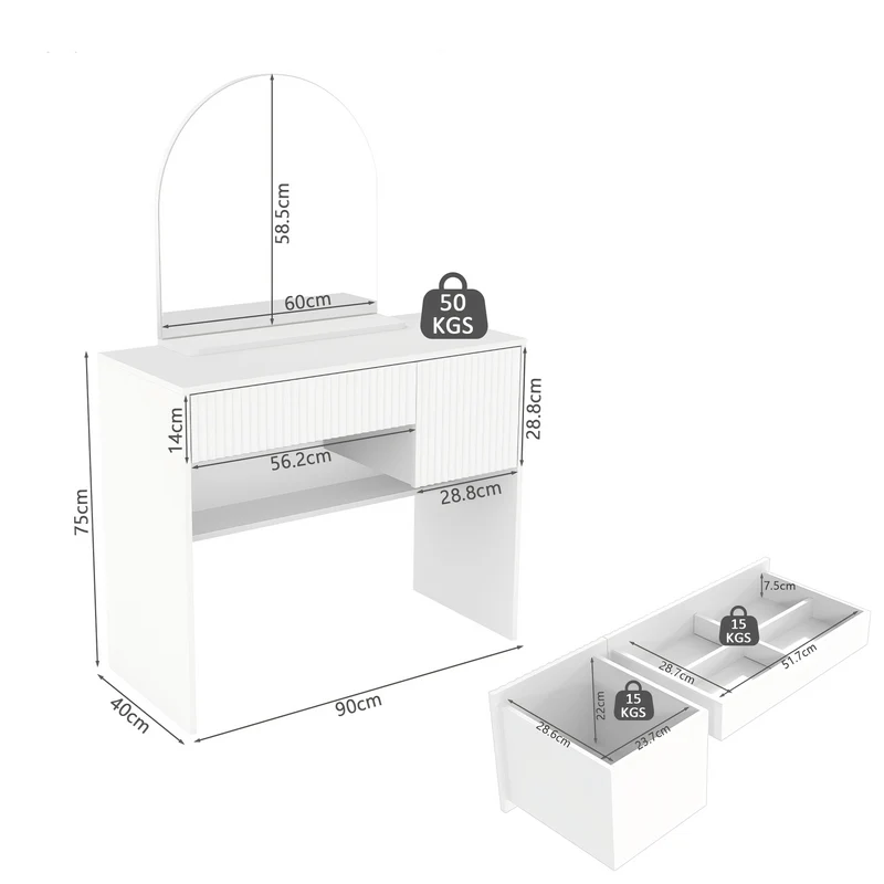 Coiffeuse avec miroir table de maquillage blanche moderne 90x40x135cm sans tabouret ELEMENTIS