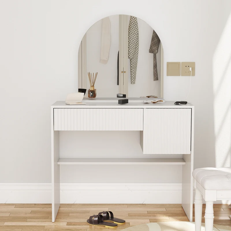 Coiffeuse avec miroir table de maquillage blanche moderne 90x40x135cm sans tabouret ELEMENTIS