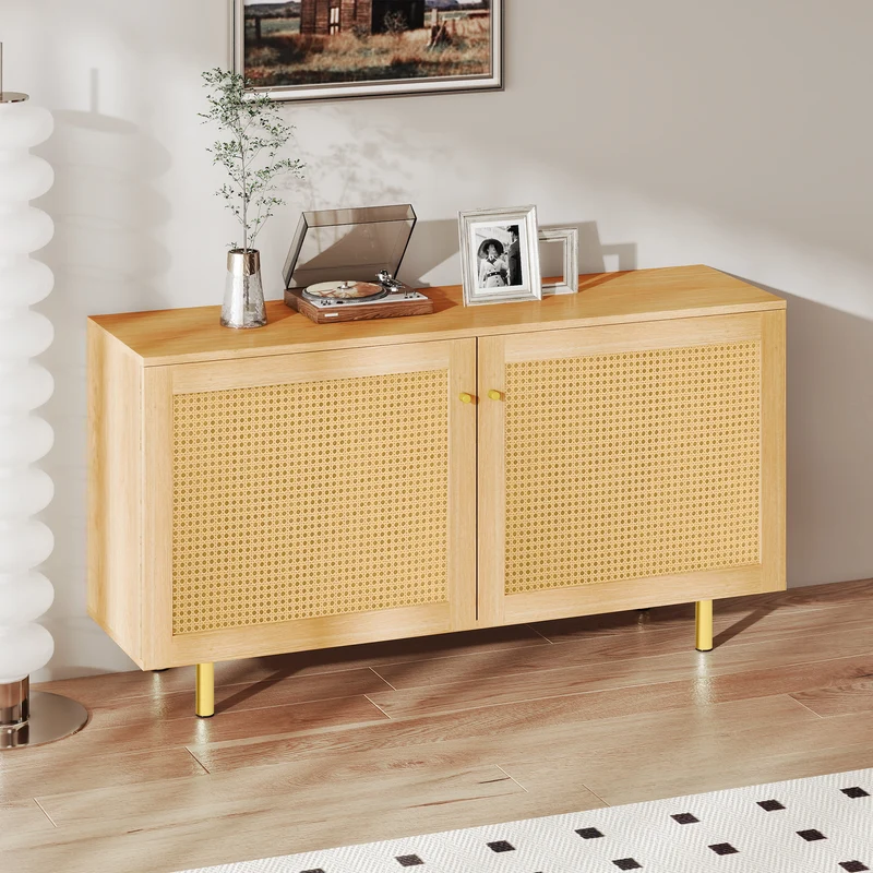 Buffet effet bois 2 portes en rotin clair 120x40x63cm CRESTORA