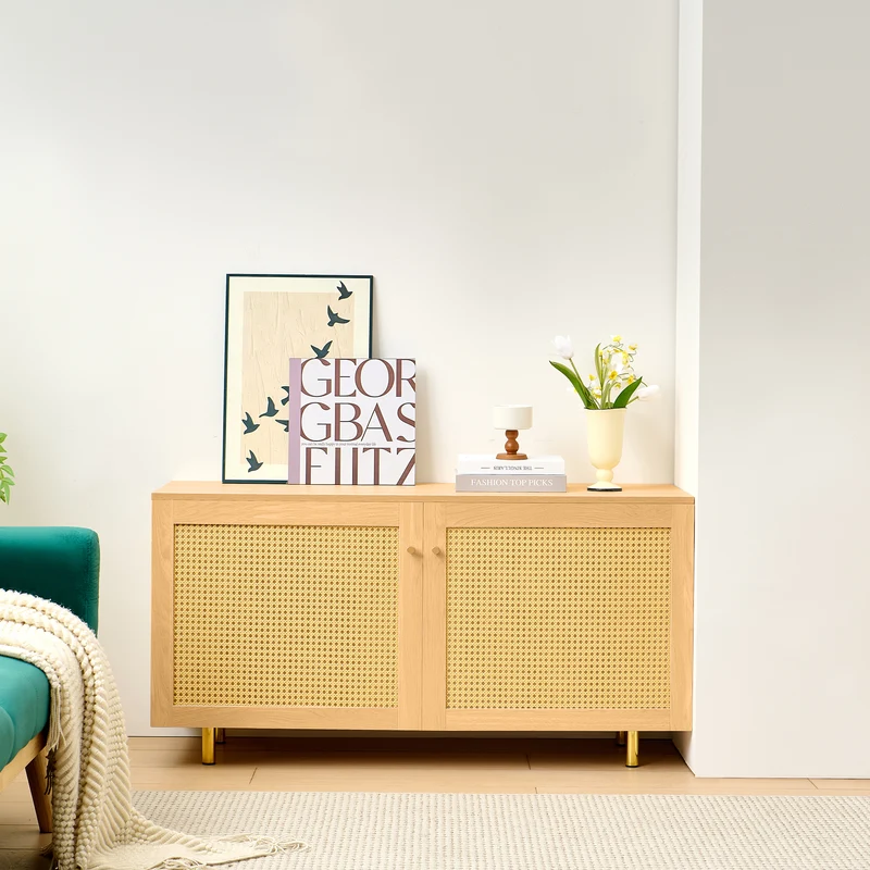 Buffet effet bois 2 portes en rotin clair 120x40x63cm CRESTORA