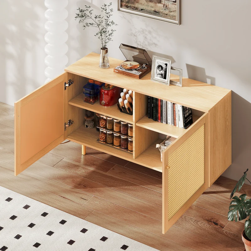 Buffet effet bois 2 portes en rotin clair 120x40x63cm CRESTORA