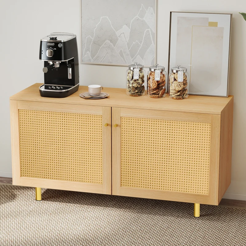 Buffet effet bois 2 portes en rotin clair 120x40x63cm CRESTORA