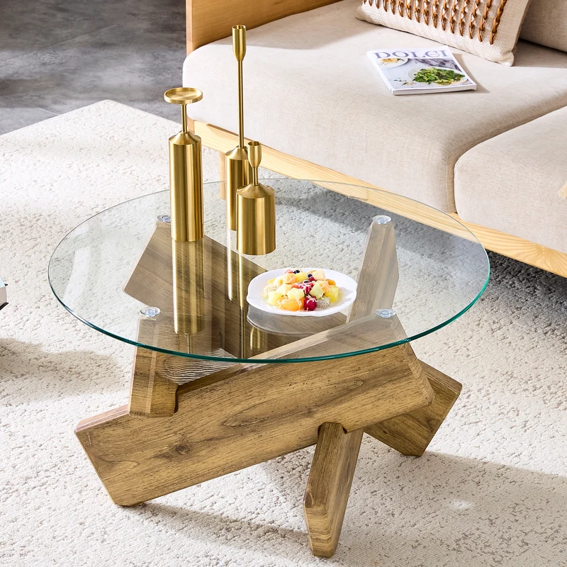 Table basse ronde effet bois en verre trempé pieds croisés 79*79cm NEXUS