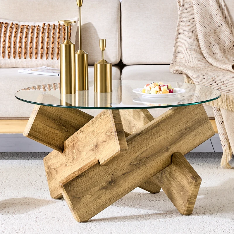 Table basse ronde effet bois en verre trempé pieds croisés 79*79cm NEXUS