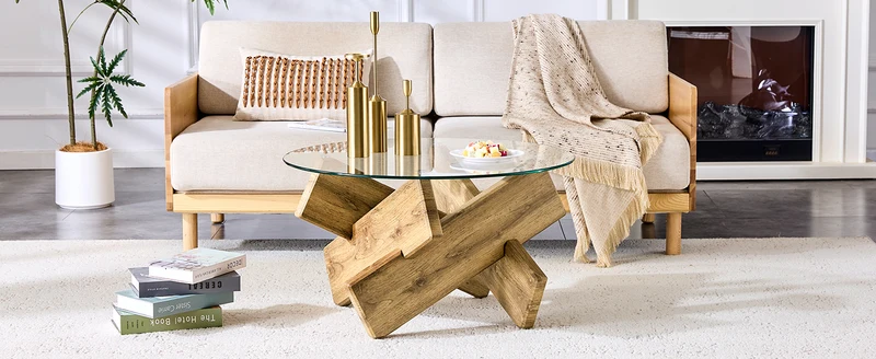 Table basse ronde effet bois en verre trempé pieds croisés 79*79cm NEXUS