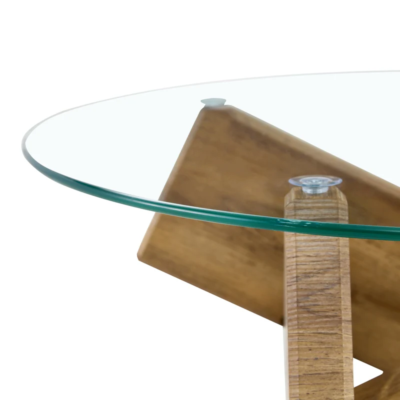 Table basse ronde effet bois en verre trempé pieds croisés 79*79cm NEXUS