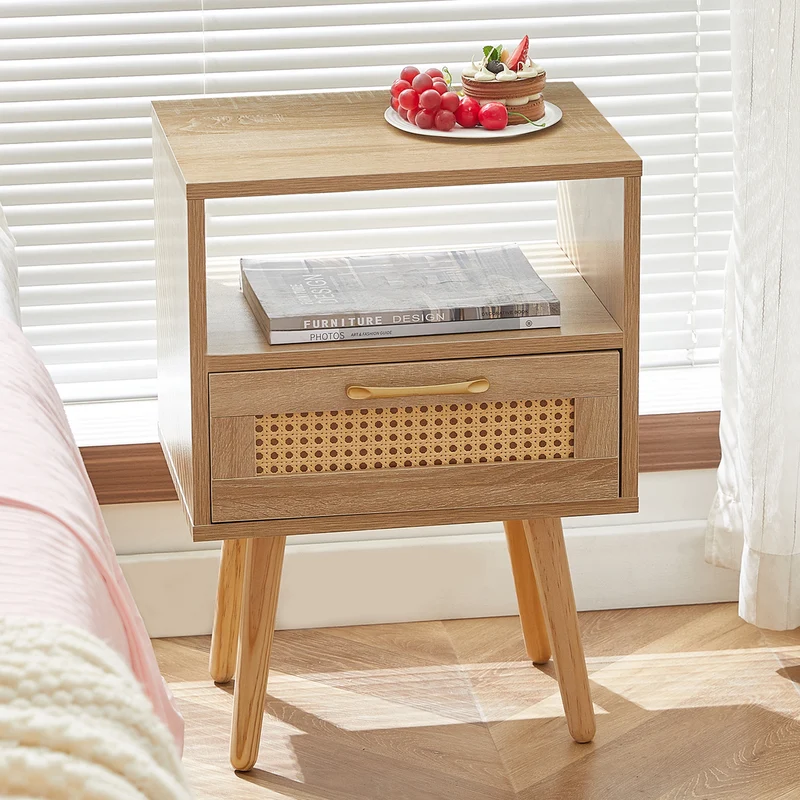 Table de chevet en rotin avec tiroir, pieds en bois massif 40x30x55cm TRAVERSEIA