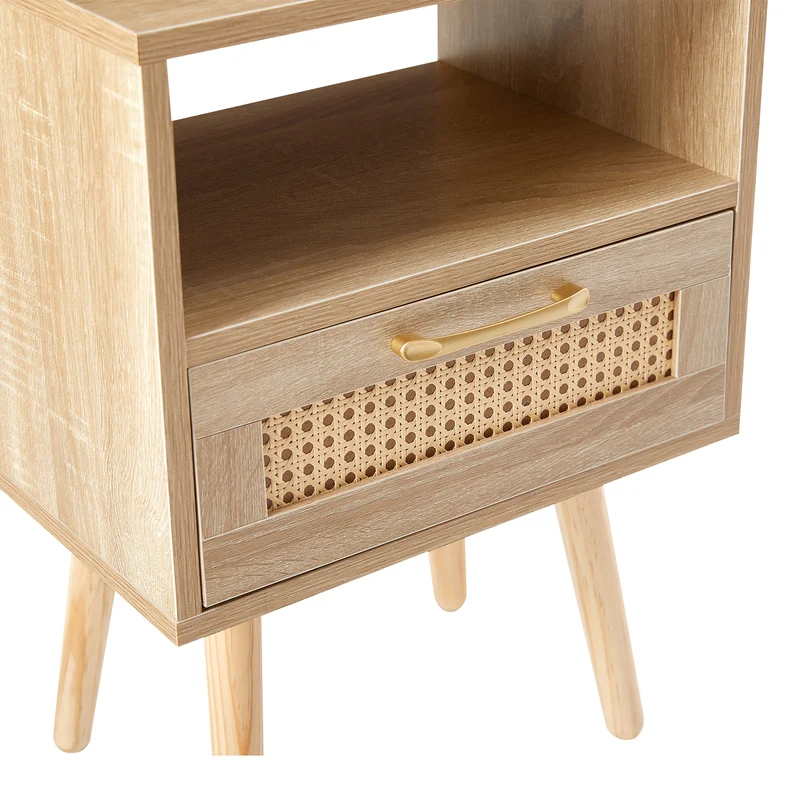 Table de chevet en rotin avec tiroir, pieds en bois massif 40x30x55cm TRAVERSEIA