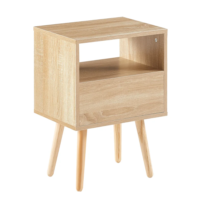 Table de chevet en rotin avec tiroir, pieds en bois massif 40x30x55cm TRAVERSEIA