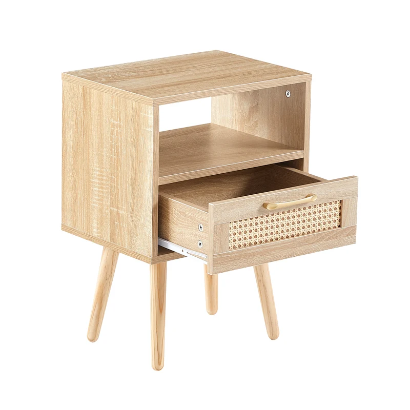 Table de chevet en rotin avec tiroir, pieds en bois massif 40x30x55cm TRAVERSEIA