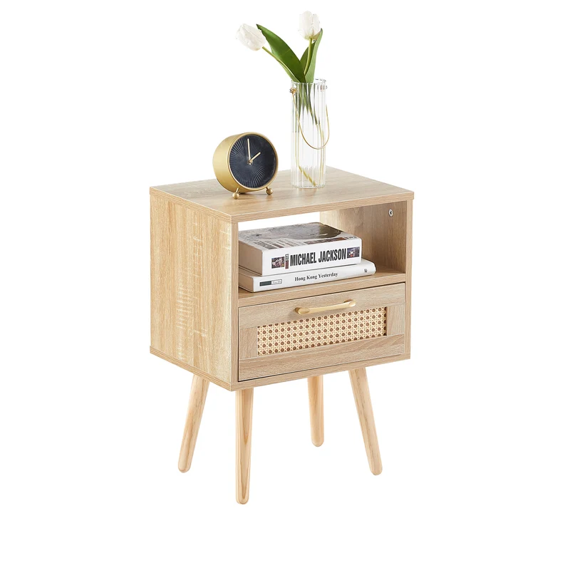 Table de chevet en rotin avec tiroir, pieds en bois massif 40x30x55cm TRAVERSEIA
