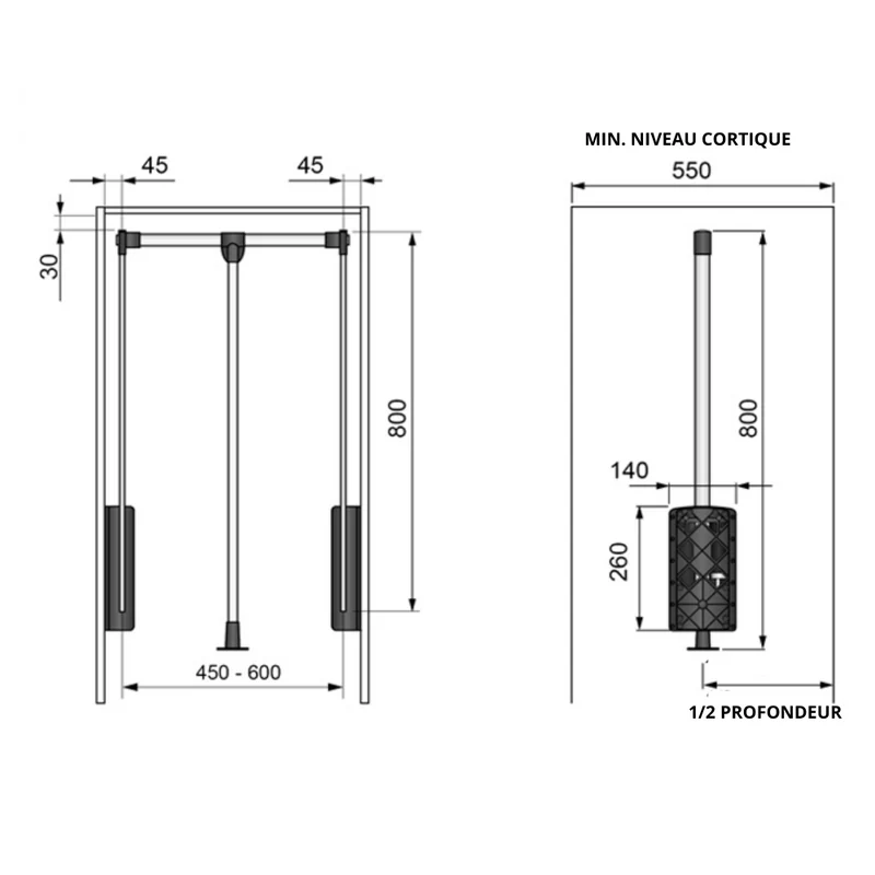 Barre de penderie escamotable - boîtier noir 450-600mm