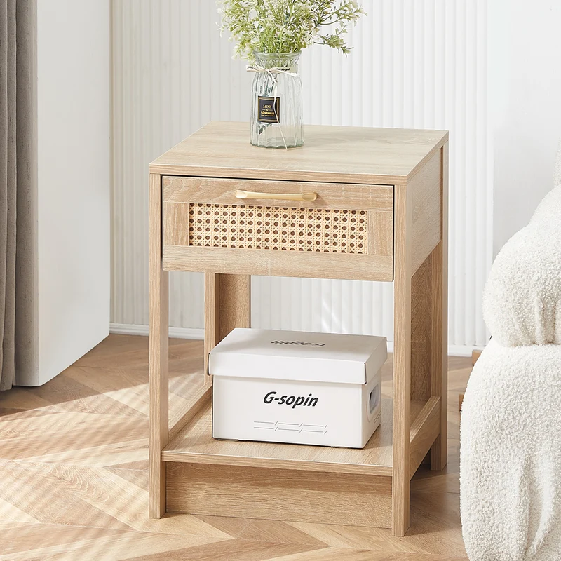 Table de chevet effet bois en rotin moderne avec tiroir 40x40x55 cm LYRICINE