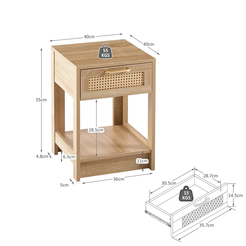 Table de chevet effet bois en rotin moderne avec tiroir 40x40x55 cm LYRICINE